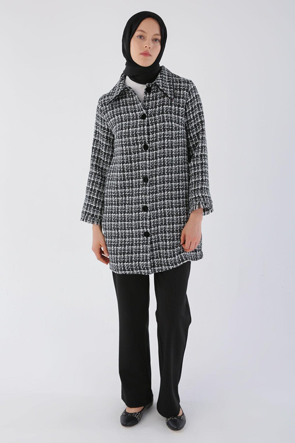 Black Velvet Button-Up Shirt Collar Tweed Jacket