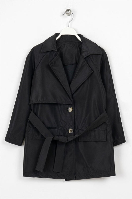 Girl's Black Colored Double Breasted Collared Waist Trench Coat