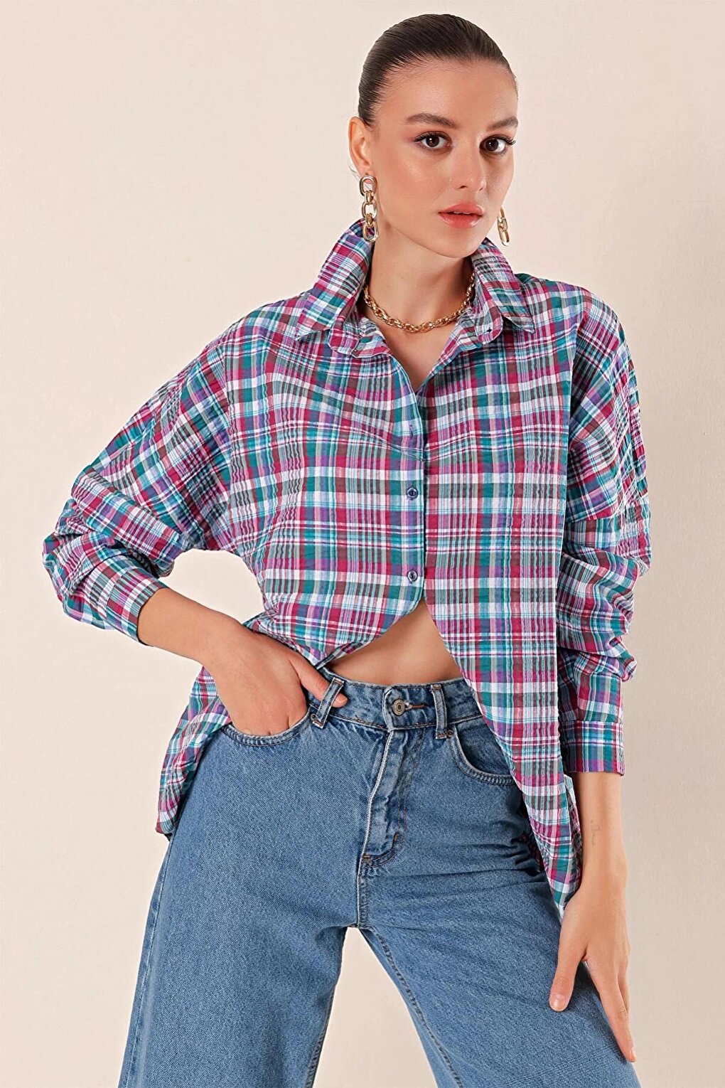 Women's Emerald Tile White Stripe Checked Plaid Shirt HZL22W-BD1201451