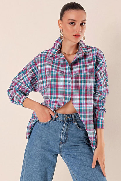 Women's Emerald Tile White Stripe Checked Plaid Shirt HZL22W-BD1201451