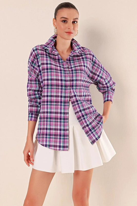 Women's Lilac Purple White Stripe Checked Plaid Shirt HZL22W-BD1201451