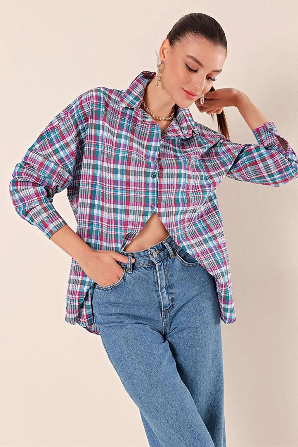 Women's Emerald Tile White Stripe Checked Plaid Shirt HZL22W-BD1201451