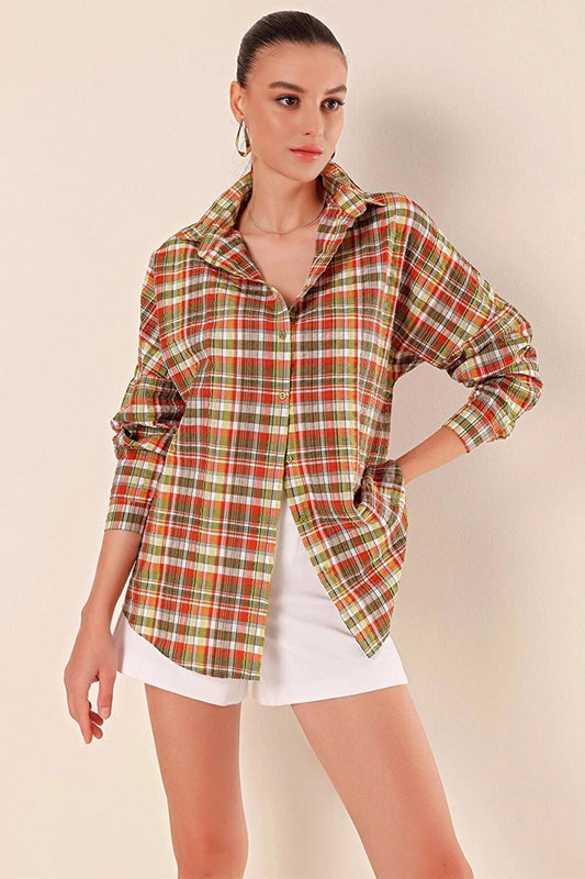 Women's Pistachio Green Stripe Checkered Plaid Shirt HZL22W-BD1201451