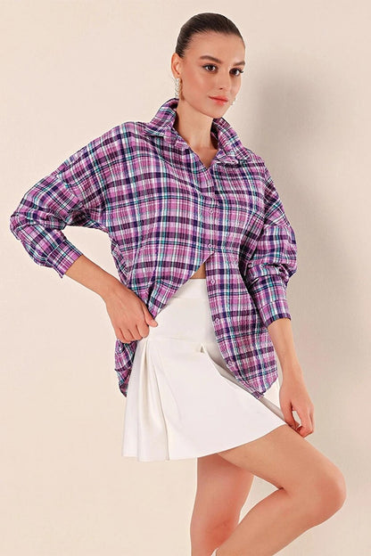 Women's Lilac Purple White Stripe Checked Plaid Shirt HZL22W-BD1201451