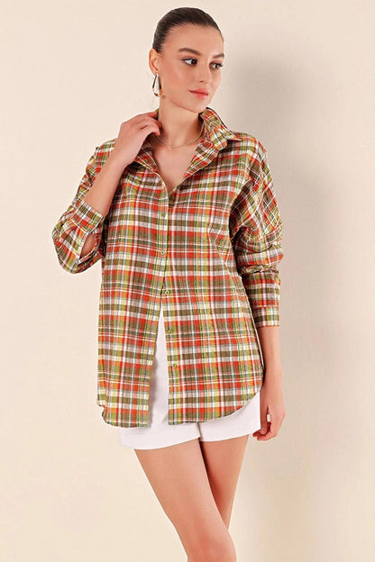 Women's Pistachio Green Stripe Checkered Plaid Shirt HZL22W-BD1201451