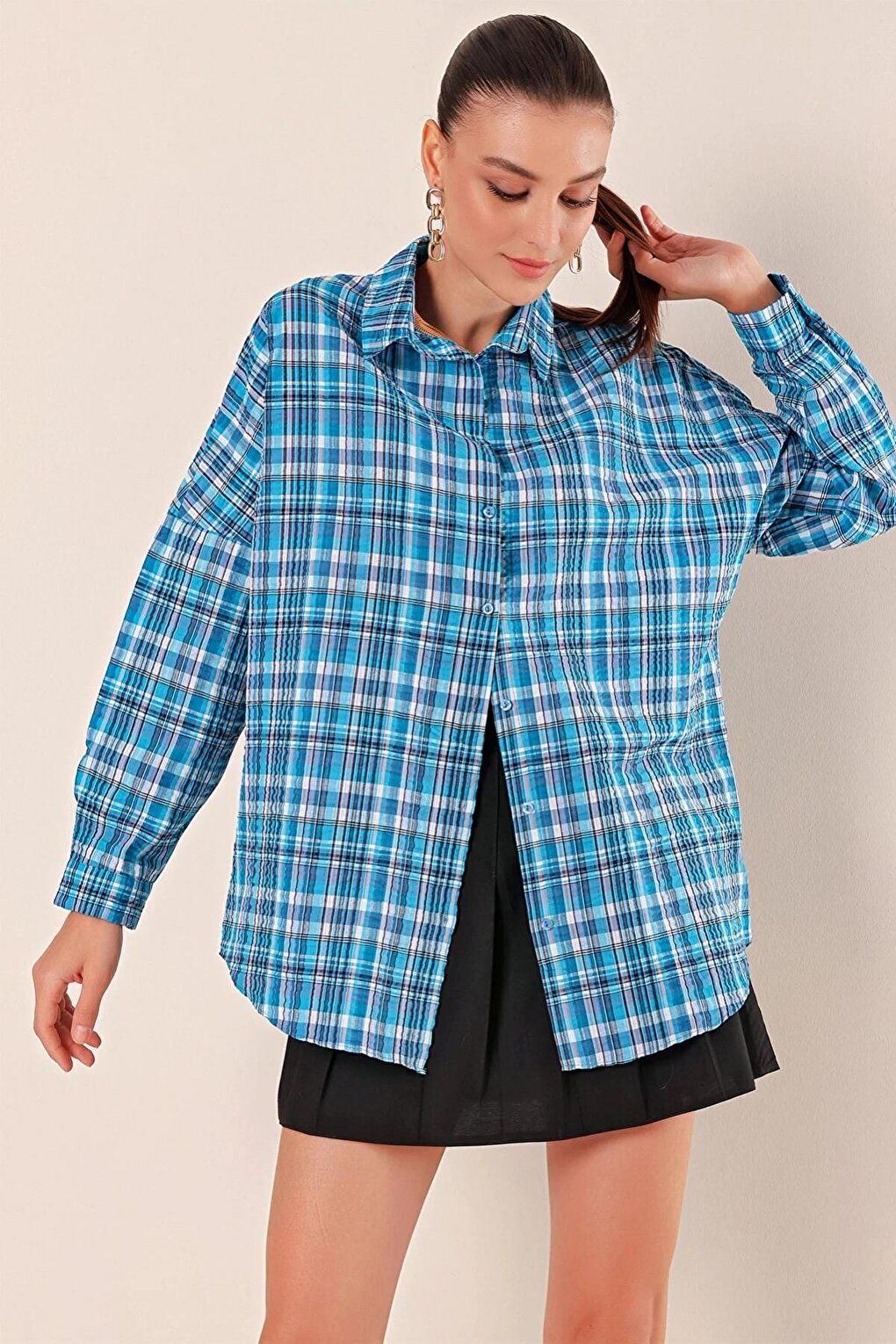 Women's Blue White Navy Stripe Checked Plaid Shirt HZL22W-BD1201451