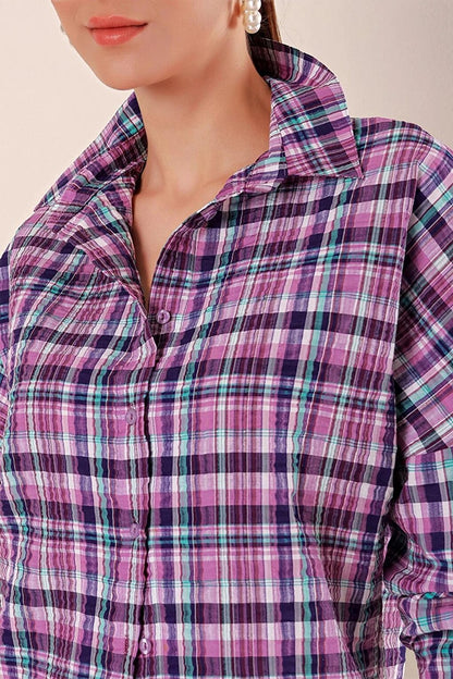 Women's Lilac Purple White Stripe Checked Plaid Shirt HZL22W-BD1201451