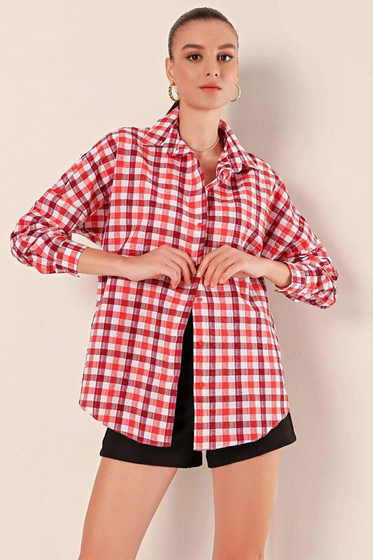 Women's Red Brown White Checkered Plaid Shirt HZL22W-BD1201451