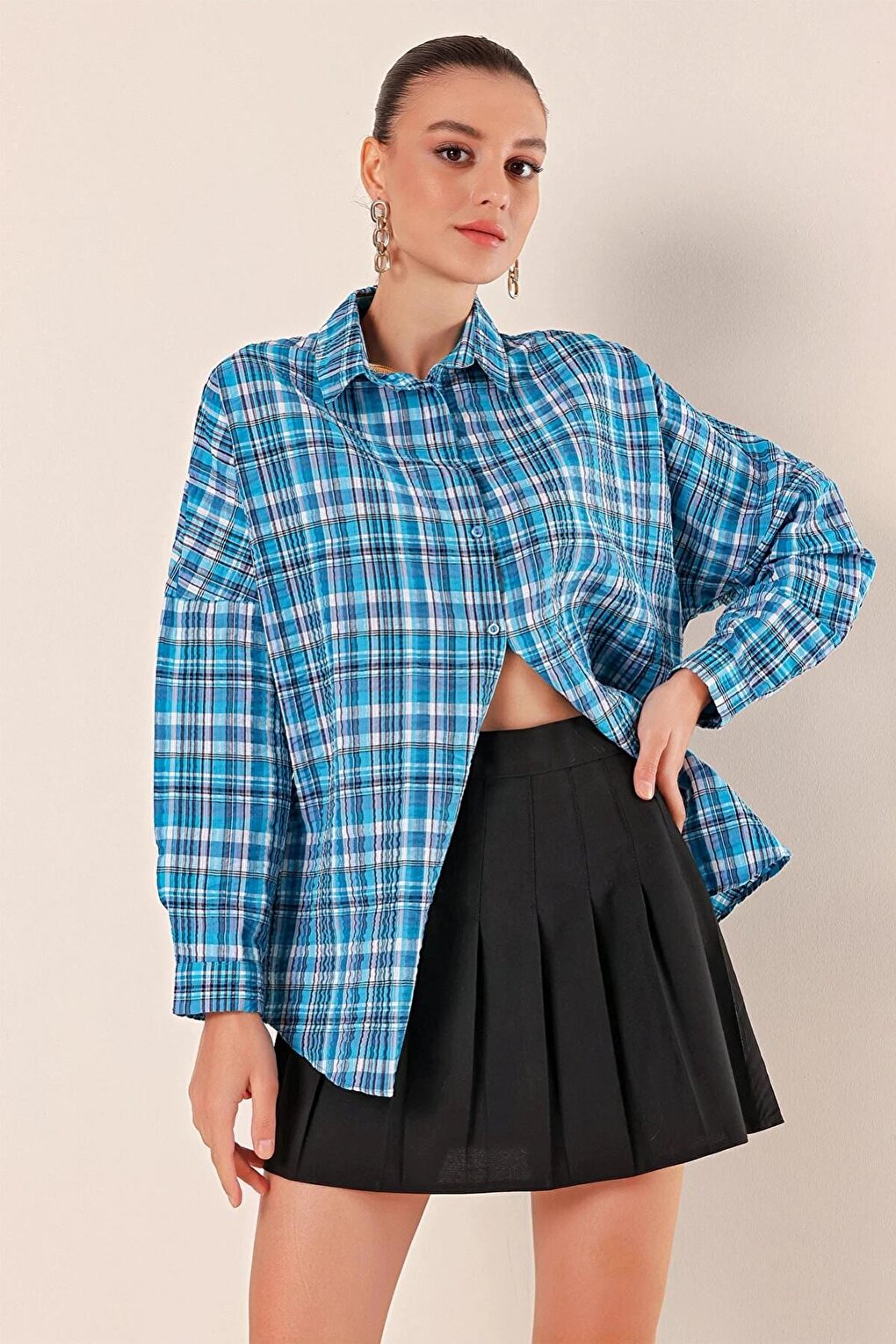 Women's Blue White Navy Stripe Checked Plaid Shirt HZL22W-BD1201451