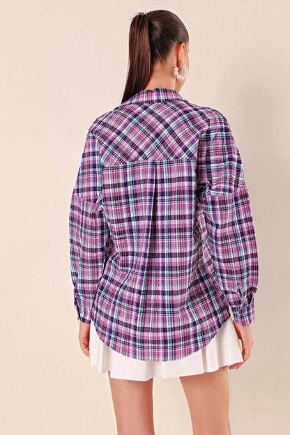 Women's Lilac Purple White Stripe Checked Plaid Shirt HZL22W-BD1201451