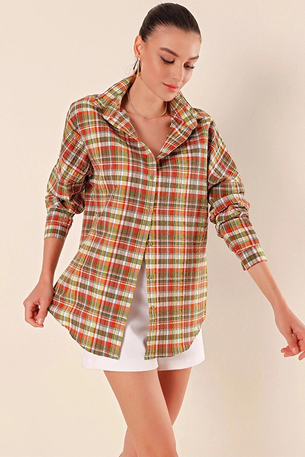 Women's Pistachio Green Stripe Checkered Plaid Shirt HZL22W-BD1201451