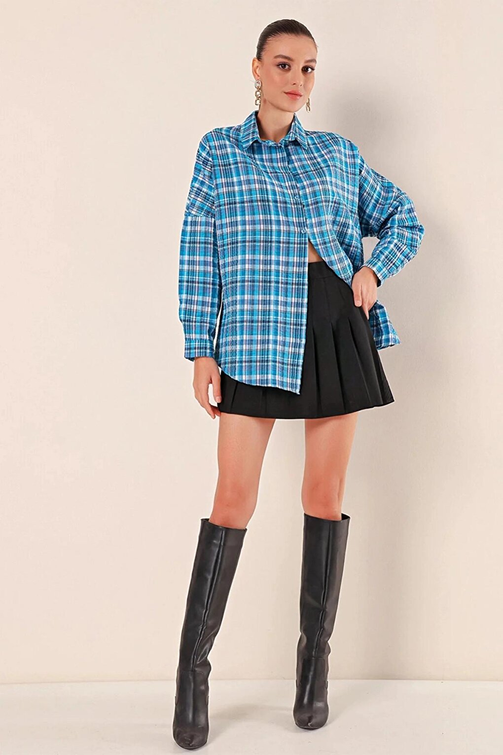 Women's Blue White Navy Stripe Checked Plaid Shirt HZL22W-BD1201451