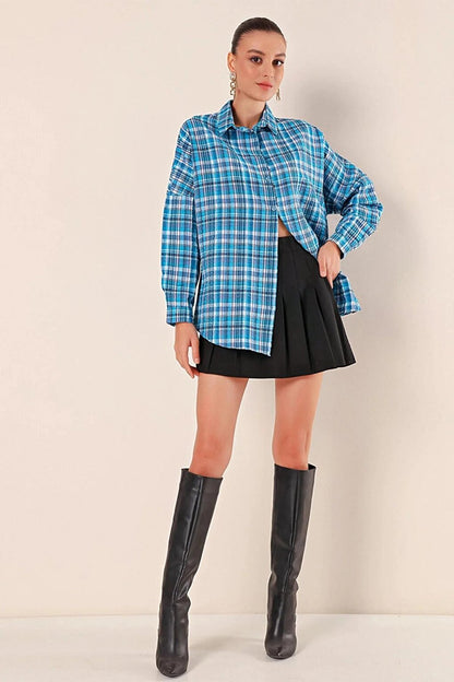 Women's Blue White Navy Stripe Checked Plaid Shirt HZL22W-BD1201451