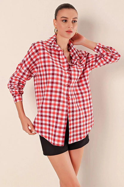 Women's Red Brown White Checkered Plaid Shirt HZL22W-BD1201451