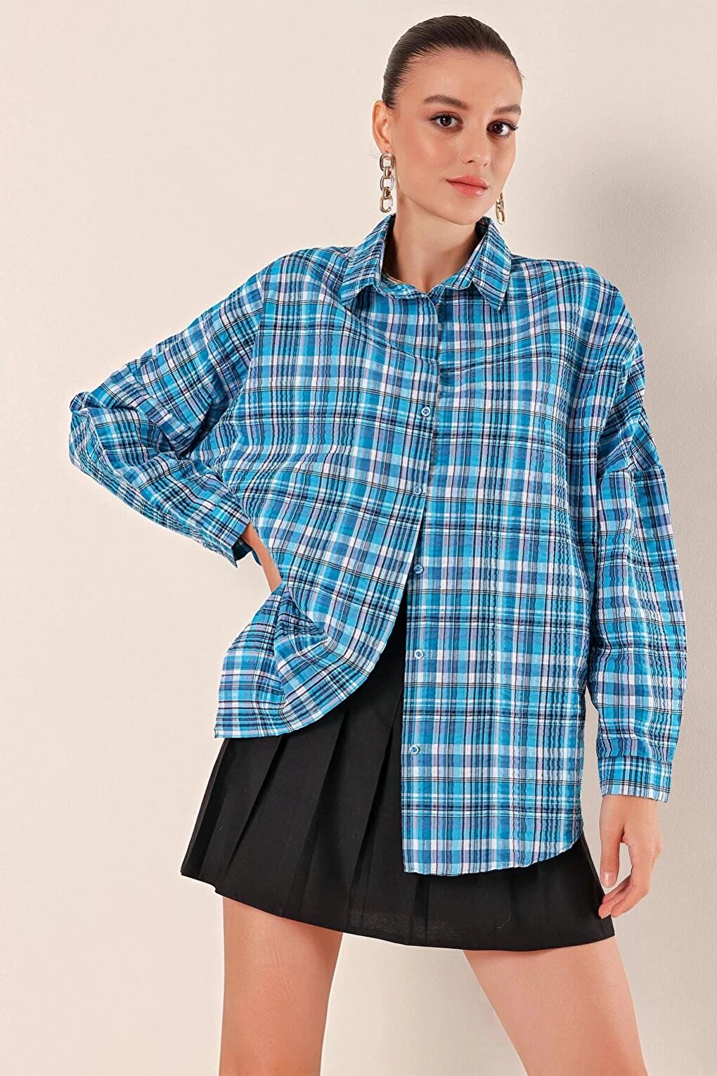 Women's Blue White Navy Stripe Checked Plaid Shirt HZL22W-BD1201451