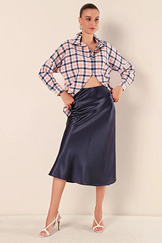 Women's Orange White Navy Blue Plaid Shirt HZL22W-BD1201451