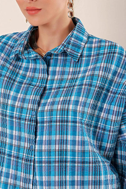 Women's Blue White Navy Stripe Checked Plaid Shirt HZL22W-BD1201451