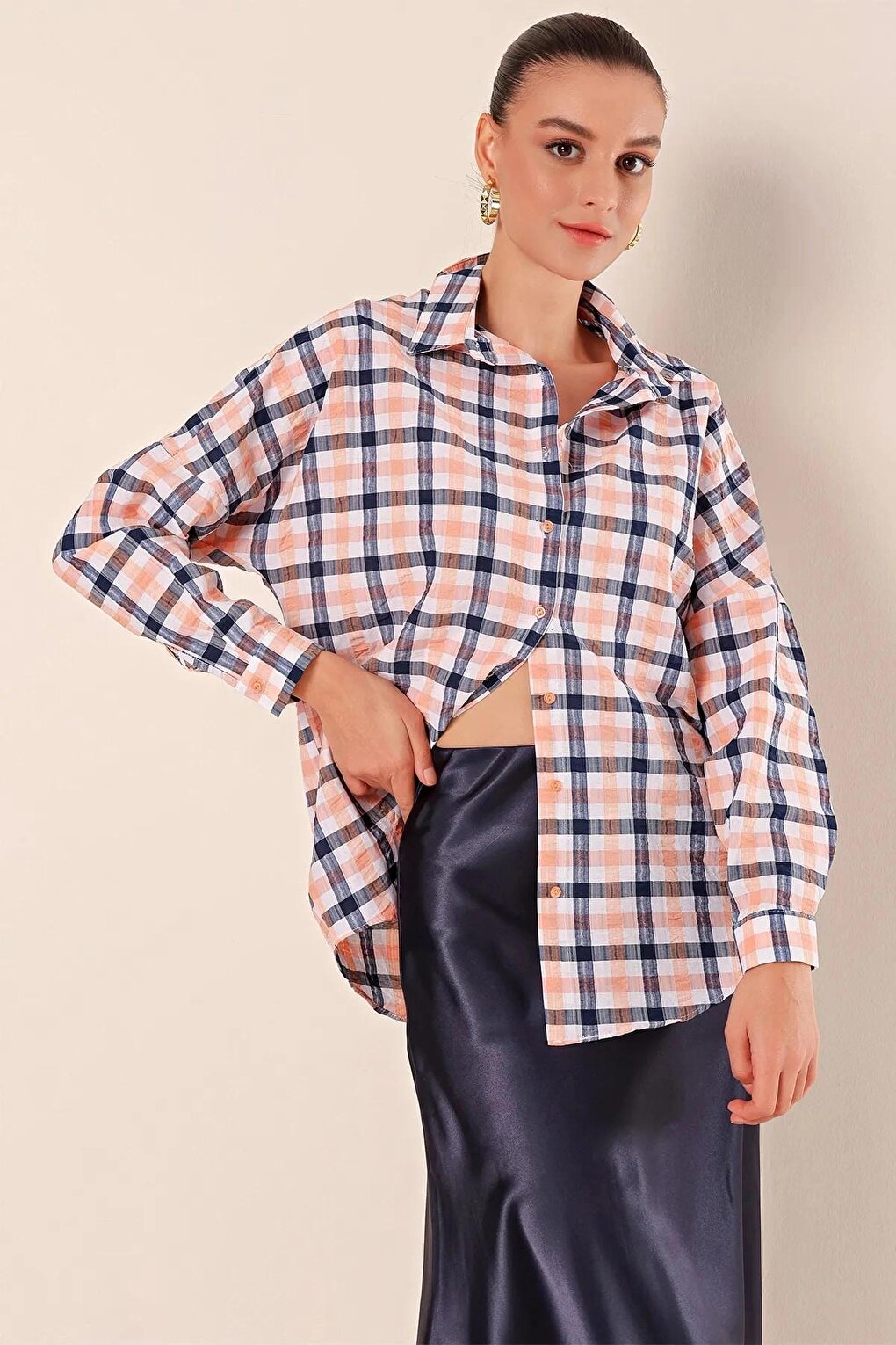 Women's Orange White Navy Blue Plaid Shirt HZL22W-BD1201451