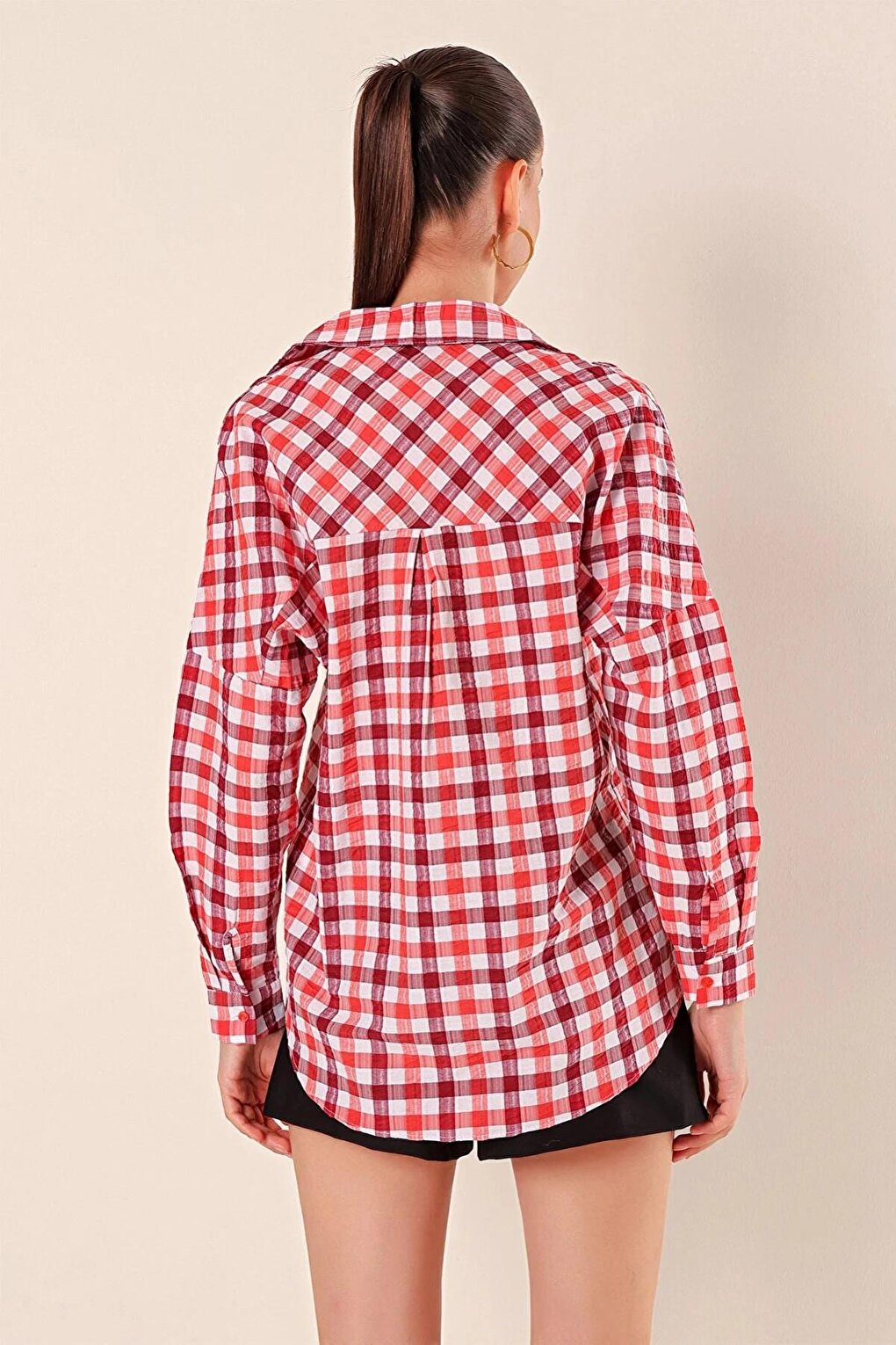 Women's Red Brown White Checkered Plaid Shirt HZL22W-BD1201451