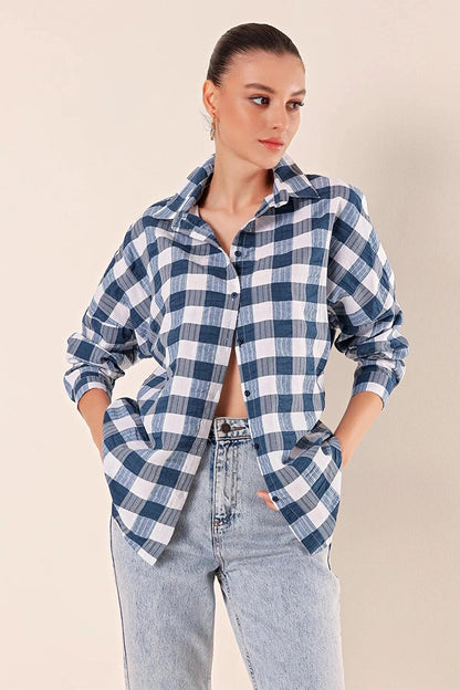 Women's Navy Blue White Plaid Shirt HZL22W-BD1201451