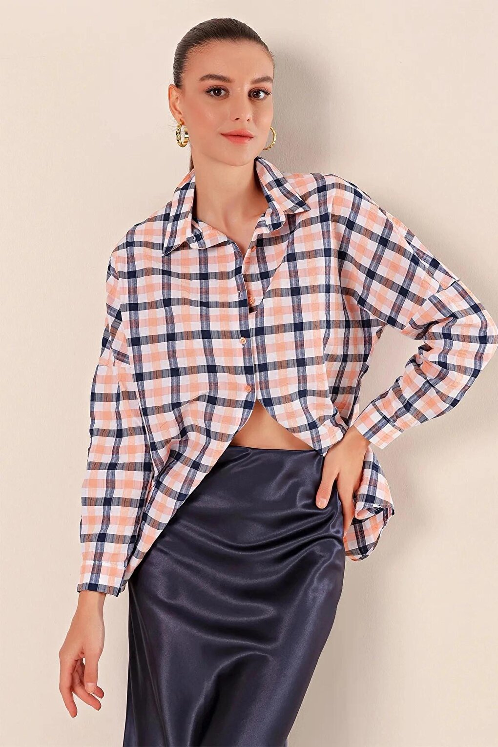 Women's Orange White Navy Blue Plaid Shirt HZL22W-BD1201451