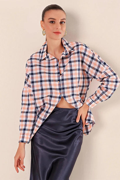 Women's Orange White Navy Blue Plaid Shirt HZL22W-BD1201451