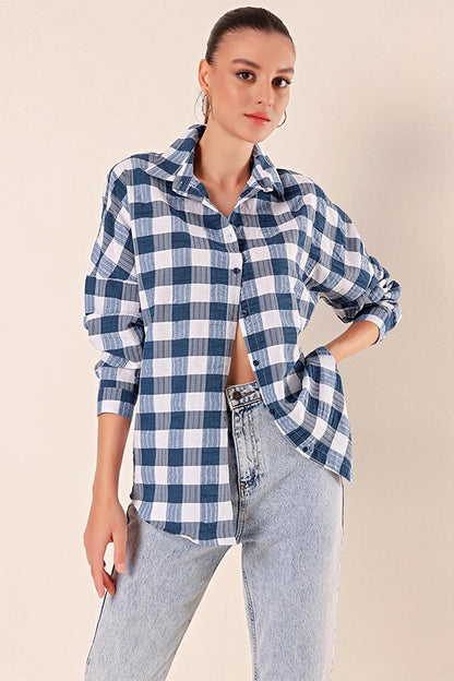 Women's Navy Blue White Plaid Shirt HZL22W-BD1201451