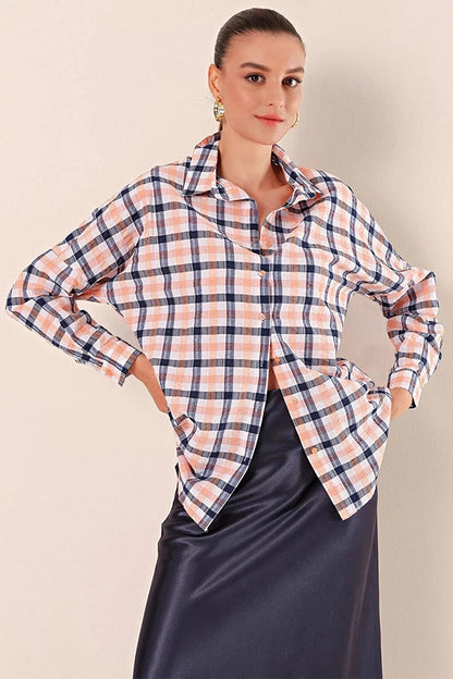 Women's Orange White Navy Blue Plaid Shirt HZL22W-BD1201451