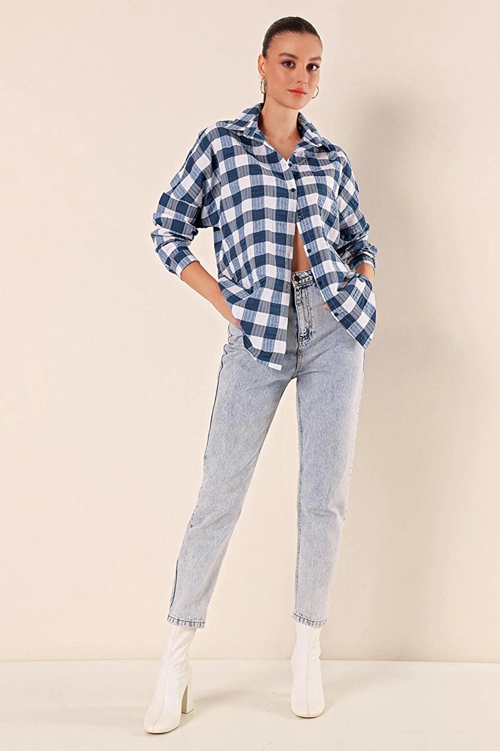 Women's Navy Blue White Plaid Shirt HZL22W-BD1201451