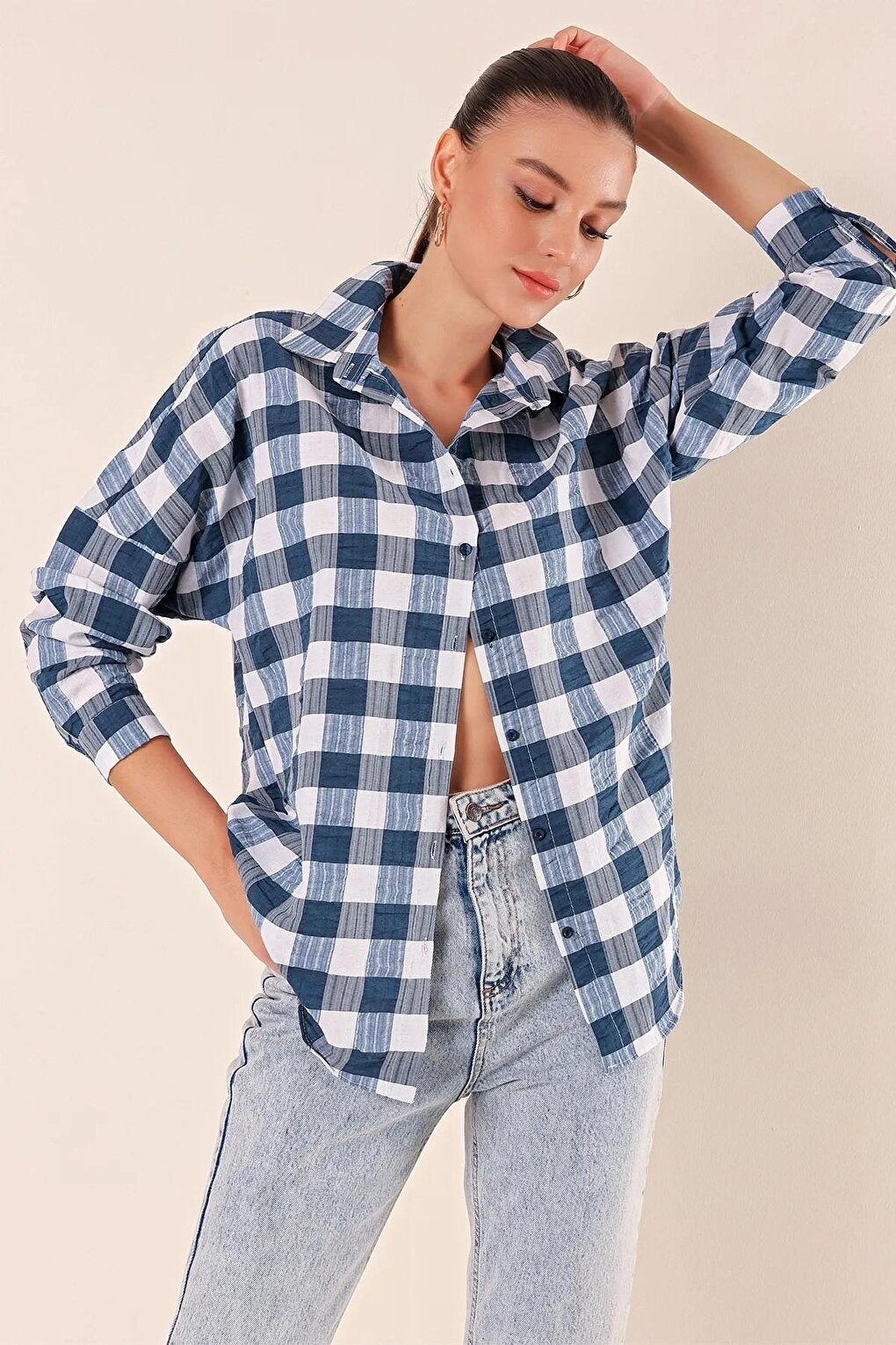 Women's Navy Blue White Plaid Shirt HZL22W-BD1201451