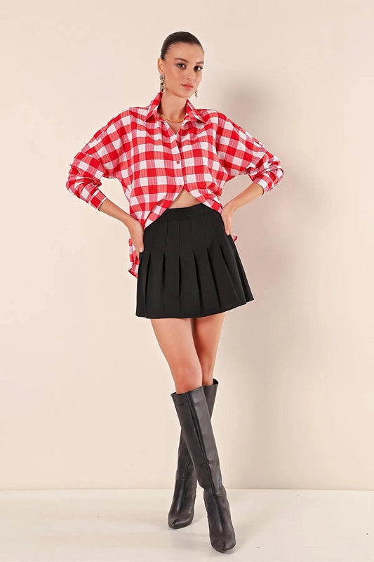 Women's Red White Plaid Shirt HZL22W-BD1201451