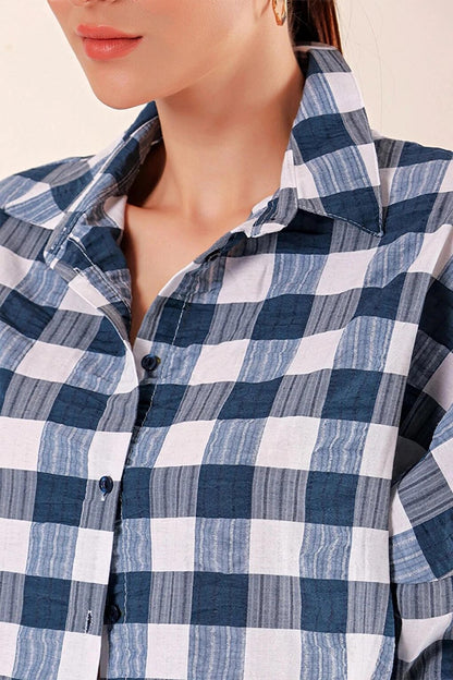 Women's Navy Blue White Plaid Shirt HZL22W-BD1201451