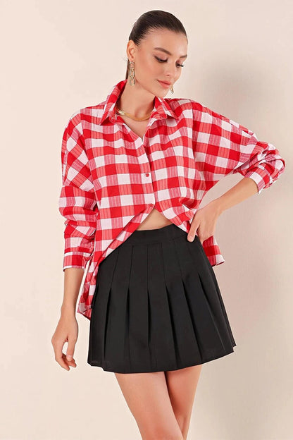 Women's Red White Plaid Shirt HZL22W-BD1201451