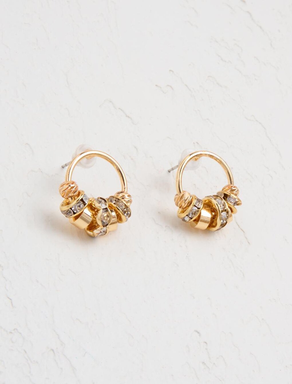 Gold Stone Embroidered Round Earrings