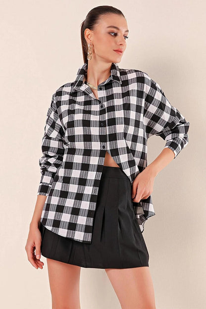 Women's Black White Plaid Shirt HZL22W-BD1201451