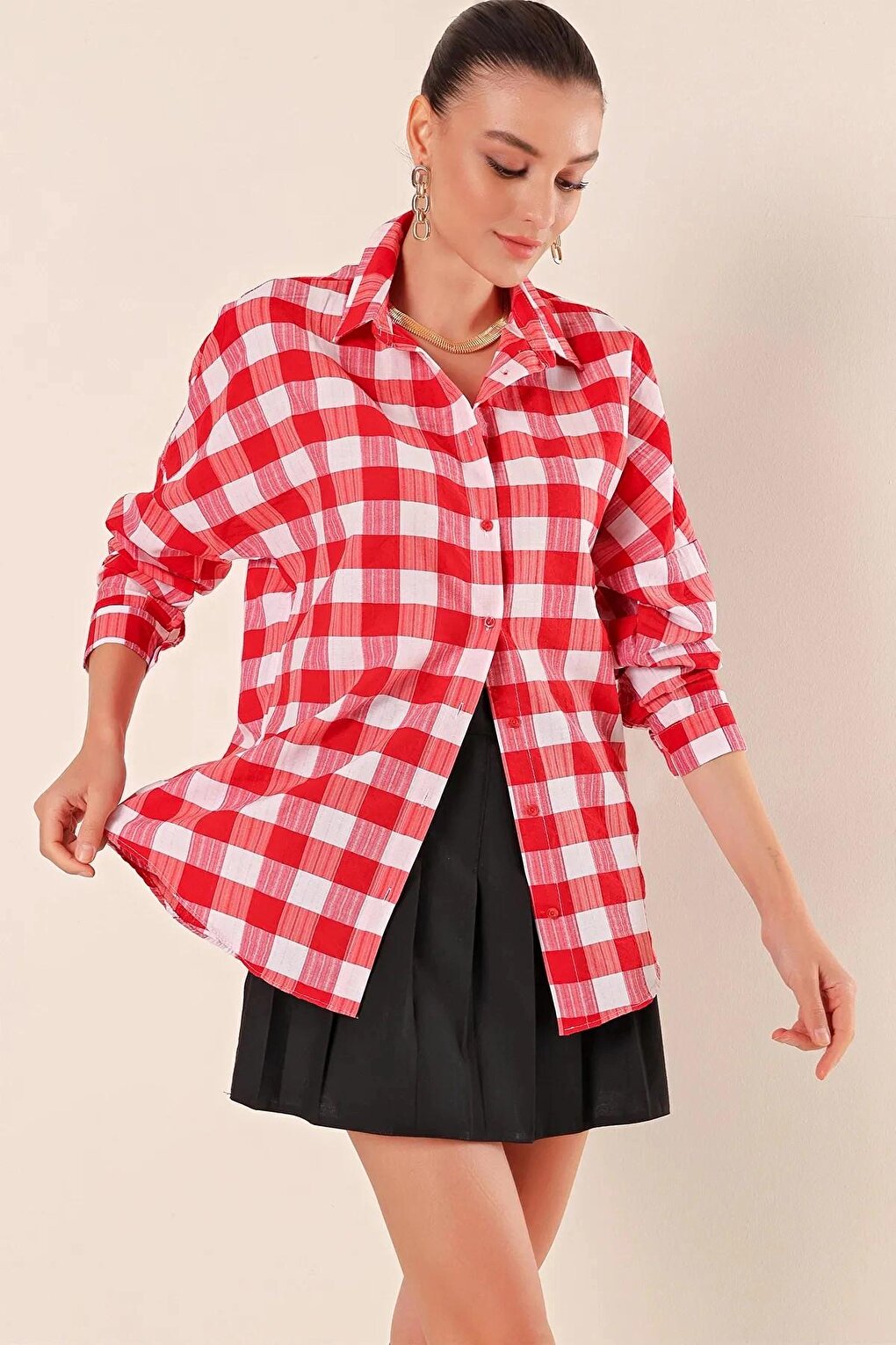 Women's Red White Plaid Shirt HZL22W-BD1201451