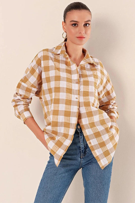 Women's Mustard White Plaid Shirt HZL22W-BD1201451