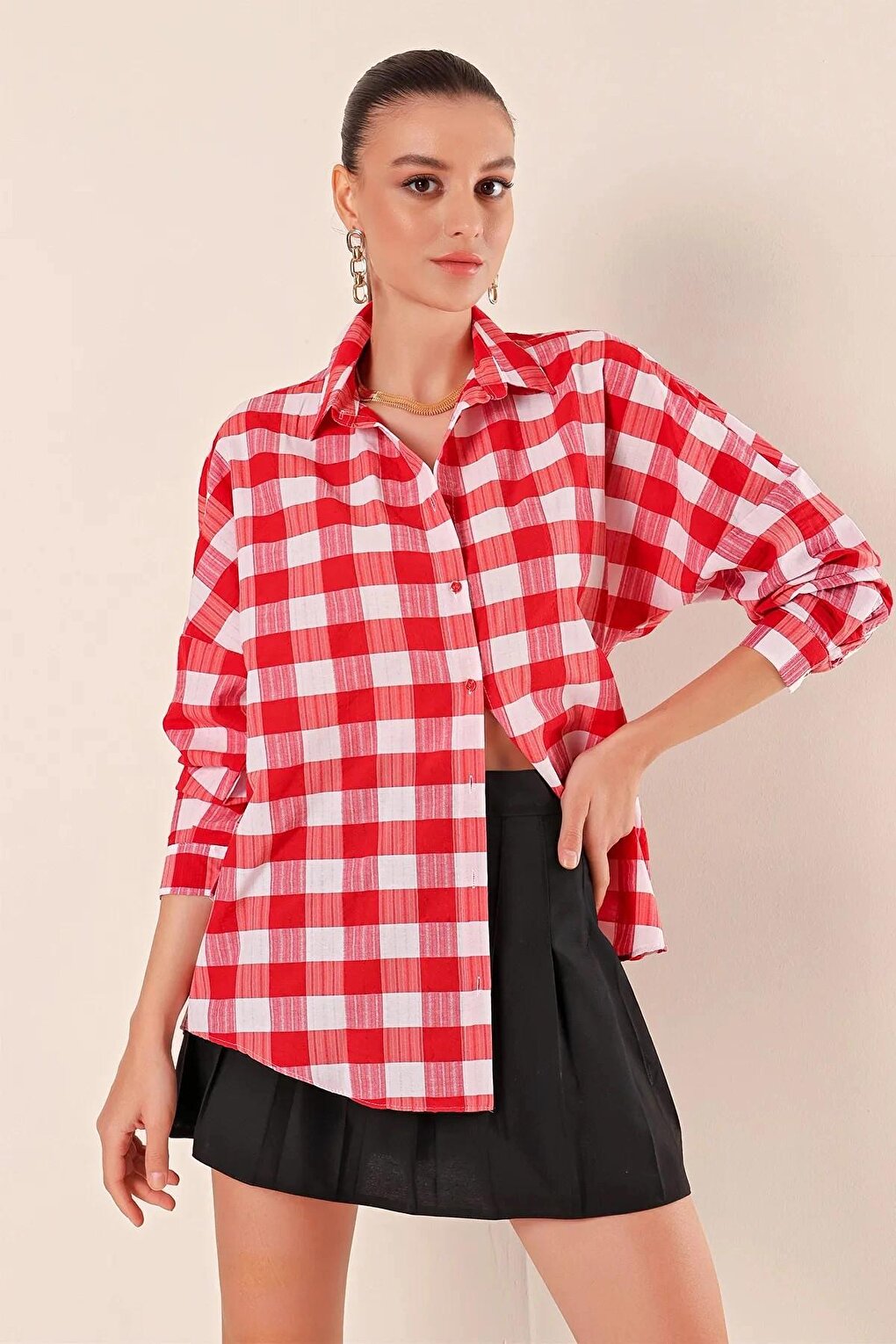 Women's Red White Plaid Shirt HZL22W-BD1201451