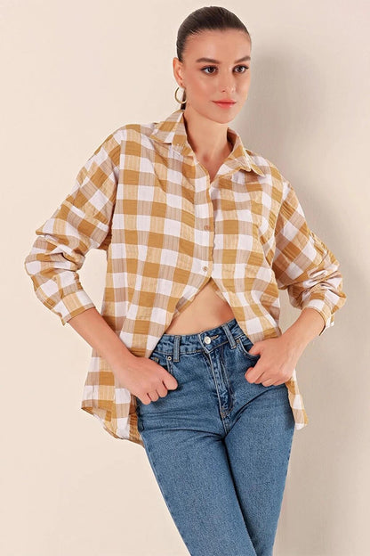 Women's Mustard White Plaid Shirt HZL22W-BD1201451