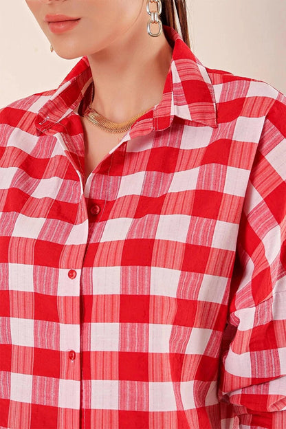 Women's Red White Plaid Shirt HZL22W-BD1201451