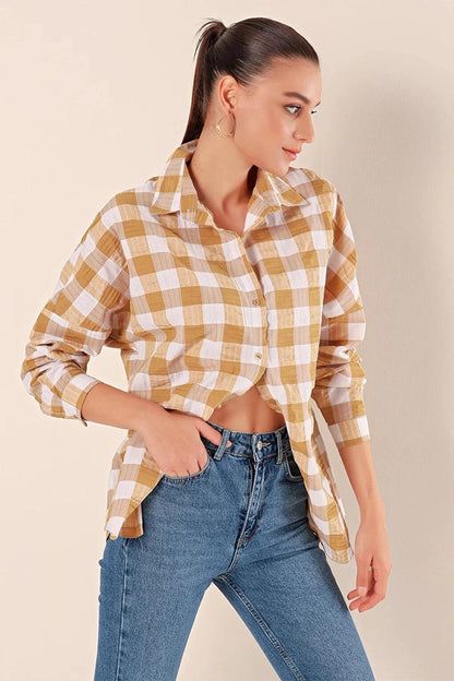 Women's Mustard White Plaid Shirt HZL22W-BD1201451