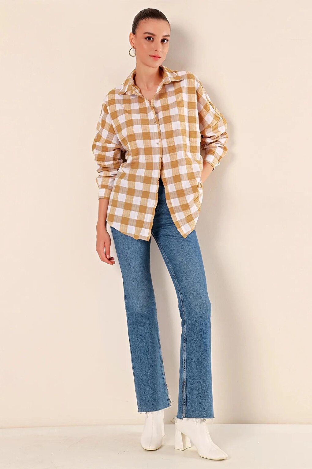 Women's Mustard White Plaid Shirt HZL22W-BD1201451