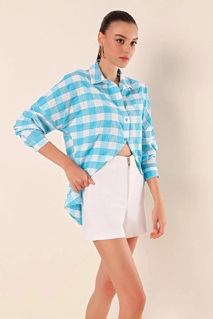 Women's Turquoise White Plaid Shirt HZL22W-BD1201451