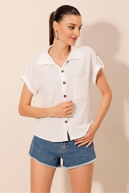 20182 - Women's Double Sleeve Crinkle Shirt - White