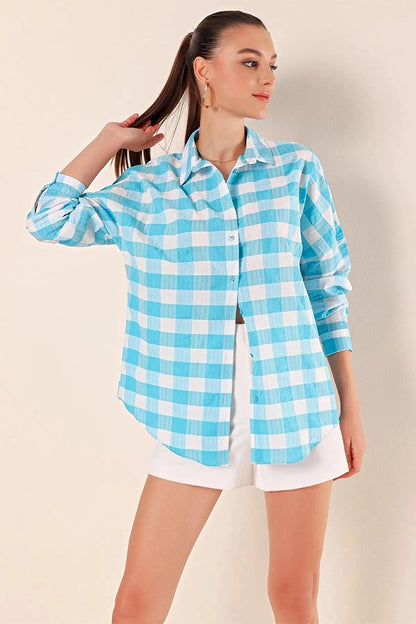 Women's Turquoise White Plaid Shirt HZL22W-BD1201451