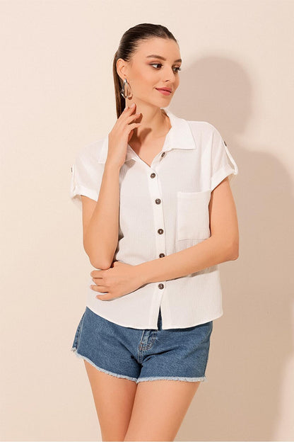 20182 - Women's Double Sleeve Crinkle Shirt - White