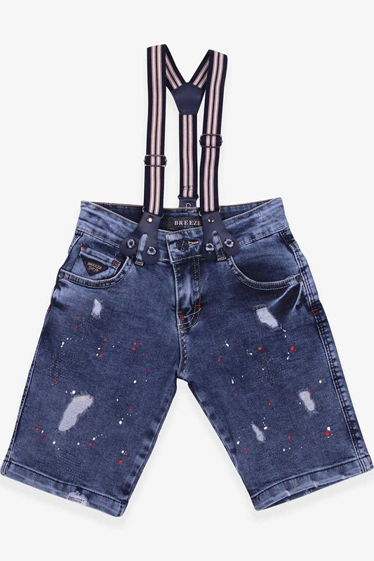 Boy's Denim Shorts with Straps, Blue with Paint Pattern (Ages 8-12)