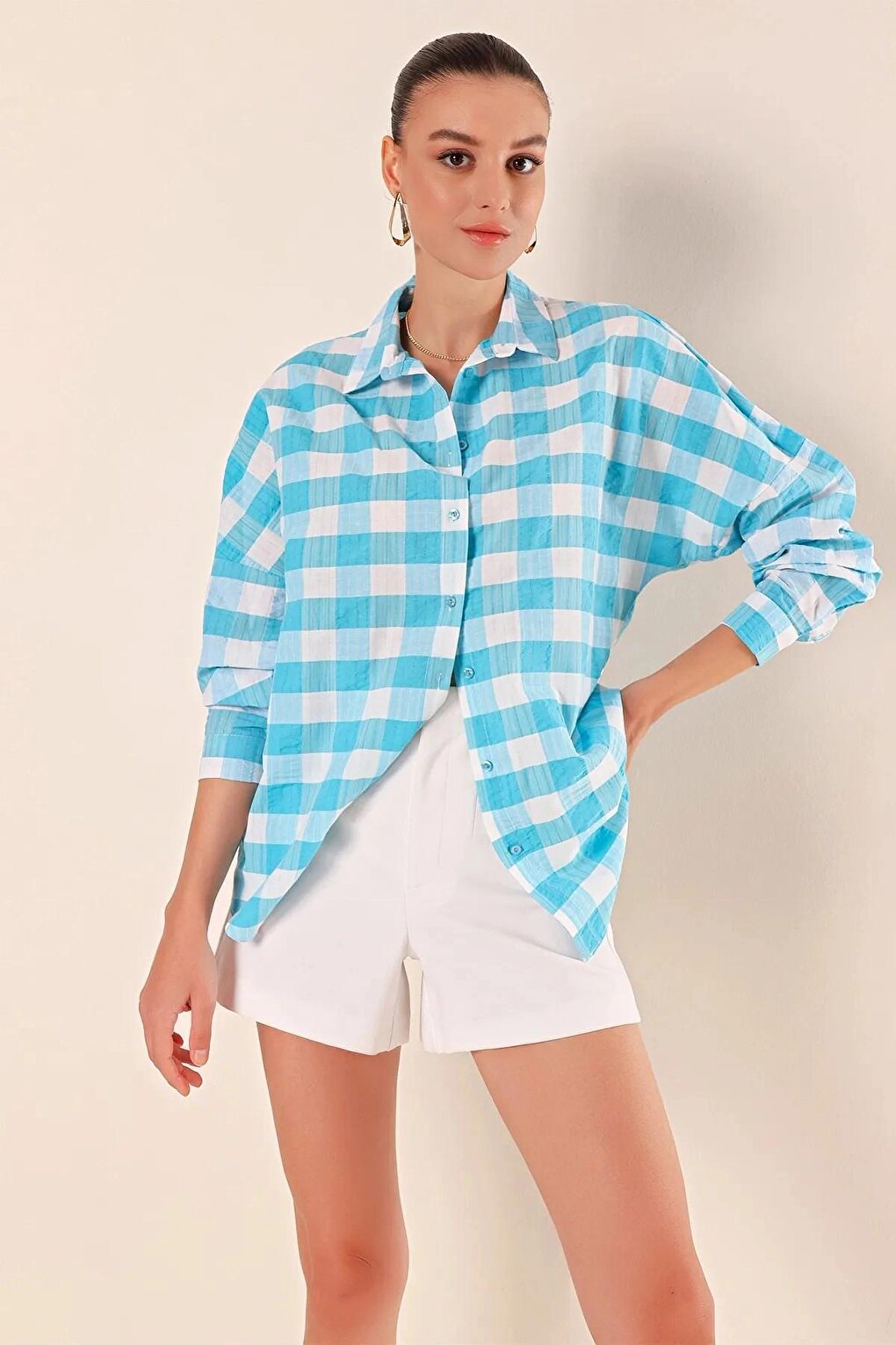 Women's Turquoise White Plaid Shirt HZL22W-BD1201451