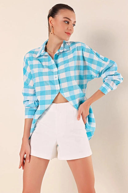 Women's Turquoise White Plaid Shirt HZL22W-BD1201451