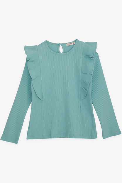 Girl's Long Sleeve Blouse Ruffled Water Green (Age 4-8)